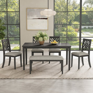 English Elm Dining Set with Cross Back Chairs and Bench Rubberwood Legs Farmhouse Style Seats Six Dark Gray + Beige Cushion Set for 6 N842S000043G