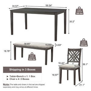 English Elm Dining Set with Cross Back Chairs and Bench Rubberwood Legs Farmhouse Style Seats Six Dark Gray + Beige Cushion Set for 6 N842S000043G