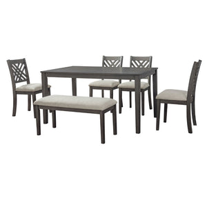 English Elm Dining Set with Cross Back Chairs and Bench Rubberwood Legs Farmhouse Style Seats Six Dark Gray + Beige Cushion Set for 6 N842S000043G