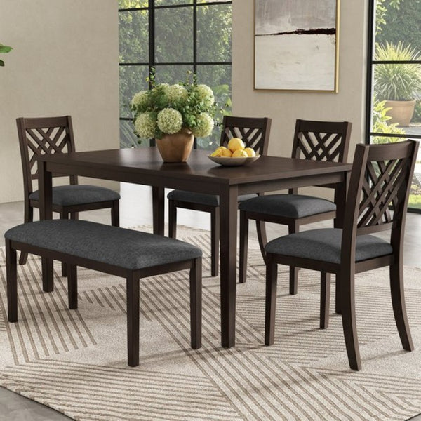 English Elm Dining Set with Cross Back Chairs and Bench Rubberwood Legs Farmhouse Style Seats Six Walnut + Gray Cushion Set for 6 N842S000043W