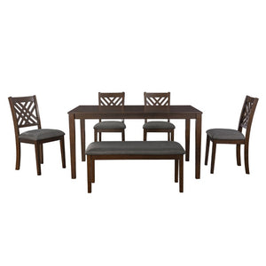 English Elm Dining Set with Cross Back Chairs and Bench Rubberwood Legs Farmhouse Style Seats Six Walnut + Gray Cushion Set for 6 N842S000043W