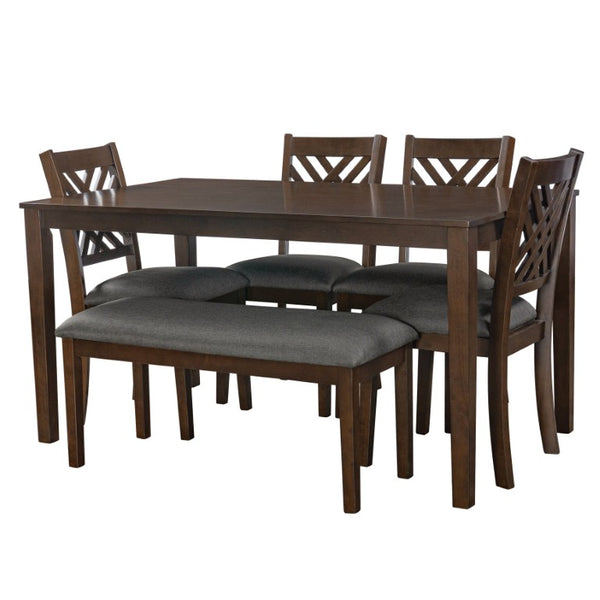 English Elm Dining Set with Cross Back Chairs and Bench Rubberwood Legs Farmhouse Style Seats Six Walnut + Gray Cushion Set for 6 N842S000043W