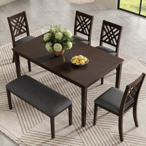 English Elm Dining Set with Cross Back Chairs and Bench Rubberwood Legs Farmhouse Style Seats Six Walnut + Gray Cushion Set for 6 N842S000043W