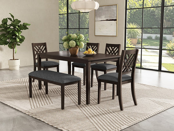 English Elm Dining Set with Cross Back Chairs and Bench Rubberwood Legs Farmhouse Style Seats Six Walnut + Gray Cushion Set for 6 N842S000043W