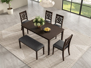 English Elm Dining Set with Cross Back Chairs and Bench Rubberwood Legs Farmhouse Style Seats Six Walnut + Gray Cushion Set for 6 N842S000043W