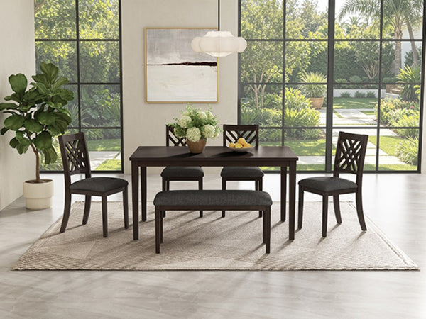 English Elm Dining Set with Cross Back Chairs and Bench Rubberwood Legs Farmhouse Style Seats Six Walnut + Gray Cushion Set for 6 N842S000043W