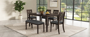 English Elm Dining Set with Cross Back Chairs and Bench Rubberwood Legs Farmhouse Style Seats Six Walnut + Gray Cushion Set for 6 N842S000043W