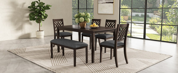 English Elm Dining Set with Cross Back Chairs and Bench Rubberwood Legs Farmhouse Style Seats Six Walnut + Gray Cushion Set for 6 N842S000043W