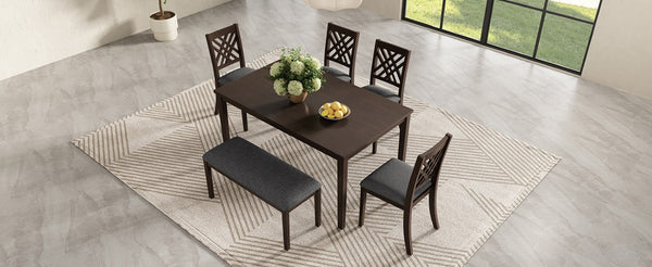 English Elm Dining Set with Cross Back Chairs and Bench Rubberwood Legs Farmhouse Style Seats Six Walnut + Gray Cushion Set for 6 N842S000043W