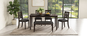 English Elm Dining Set with Cross Back Chairs and Bench Rubberwood Legs Farmhouse Style Seats Six Walnut + Gray Cushion Set for 6 N842S000043W