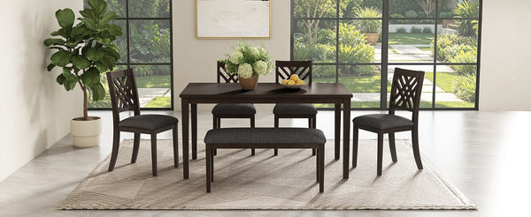 English Elm Dining Set with Cross Back Chairs and Bench Rubberwood Legs Farmhouse Style Seats Six Walnut + Gray Cushion Set for 6 N842S000043W