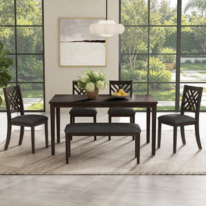 English Elm Dining Set with Cross Back Chairs and Bench Rubberwood Legs Farmhouse Style Seats Six Walnut + Gray Cushion Set for 6 N842S000043W