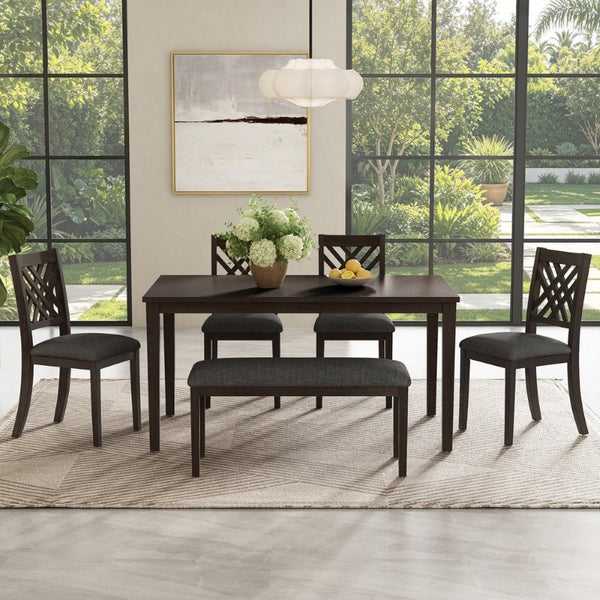 English Elm Dining Set with Cross Back Chairs and Bench Rubberwood Legs Farmhouse Style Seats Six Walnut + Gray Cushion Set for 6 N842S000043W