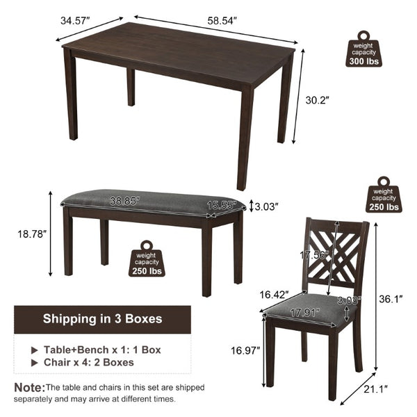 English Elm Dining Set with Cross Back Chairs and Bench Rubberwood Legs Farmhouse Style Seats Six Walnut + Gray Cushion Set for 6 N842S000043W