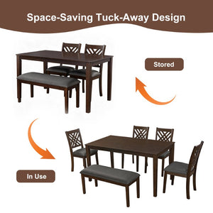 English Elm Dining Set with Cross Back Chairs and Bench Rubberwood Legs Farmhouse Style Seats Six Walnut + Gray Cushion Set for 6 N842S000043W