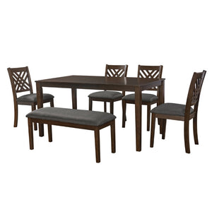 English Elm Dining Set with Cross Back Chairs and Bench Rubberwood Legs Farmhouse Style Seats Six Walnut + Gray Cushion Set for 6 N842S000043W