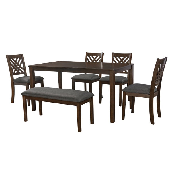English Elm Dining Set with Cross Back Chairs and Bench Rubberwood Legs Farmhouse Style Seats Six Walnut + Gray Cushion Set for 6 N842S000043W
