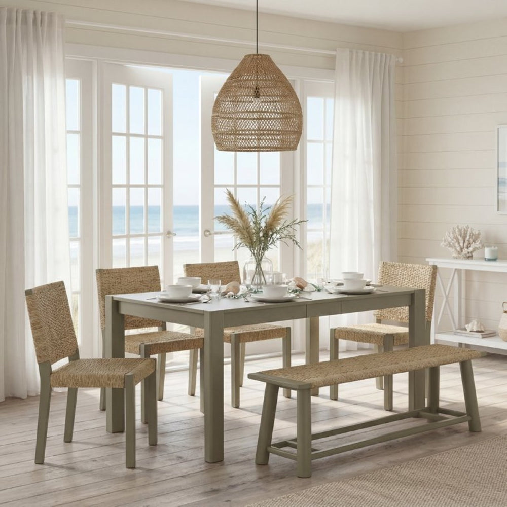 English Elm 6-piece Solid Wood Extendable Dining Set with Rattan Chairs Bench Modern Farmhouse N842S000655E
