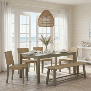 English Elm 6-piece Solid Wood Extendable Dining Set with Rattan Chairs Bench Modern Farmhouse N842S000655E