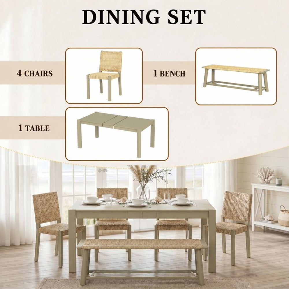 English Elm 6-piece Solid Wood Extendable Dining Set with Rattan Chairs Bench Modern Farmhouse N842S000655E