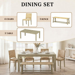 English Elm 6-piece Solid Wood Extendable Dining Set with Rattan Chairs Bench Modern Farmhouse N842S000655E