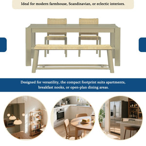 English Elm 6-piece Solid Wood Extendable Dining Set with Rattan Chairs Bench Modern Farmhouse N842S000655E