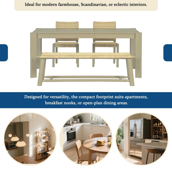 English Elm 6-piece Solid Wood Extendable Dining Set with Rattan Chairs Bench Modern Farmhouse N842S000655E