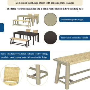 English Elm 6-piece Solid Wood Extendable Dining Set with Rattan Chairs Bench Modern Farmhouse N842S000655E