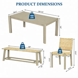 English Elm 6-piece Solid Wood Extendable Dining Set with Rattan Chairs Bench Modern Farmhouse N842S000655E