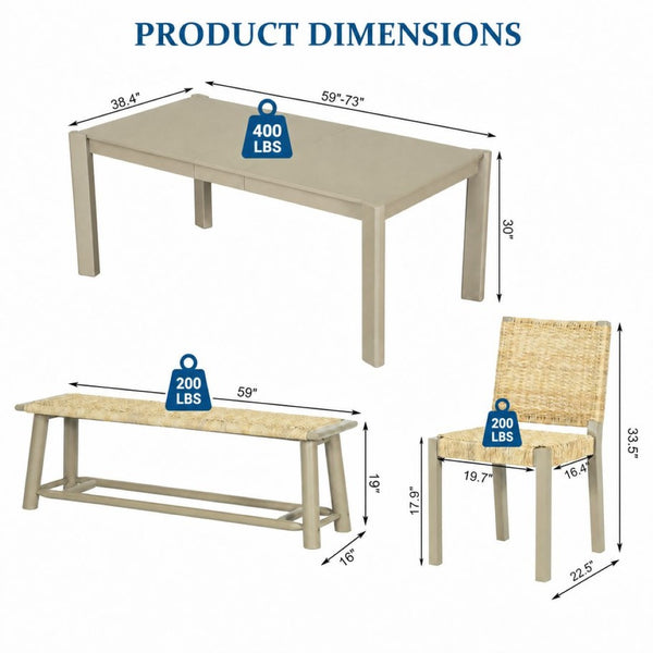 English Elm 6-piece Solid Wood Extendable Dining Set with Rattan Chairs Bench Modern Farmhouse N842S000655E
