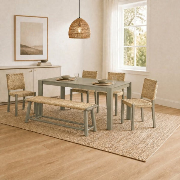 English Elm 6-piece Solid Wood Extendable Dining Set with Rattan Chairs Bench Modern Farmhouse N842S000655E