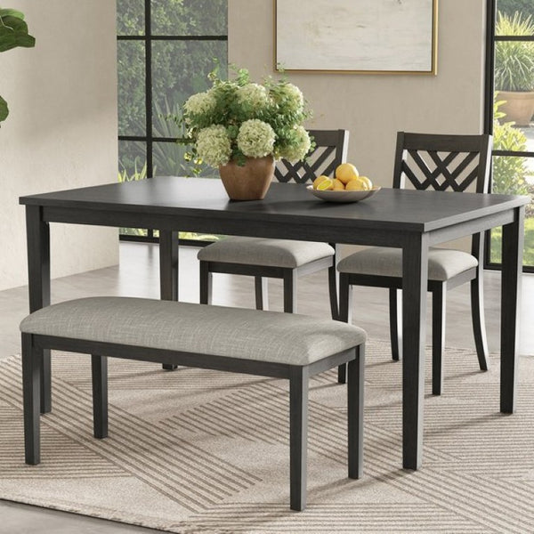 English Elm Dining Set with Cross Back Chairs and Bench Rubberwood Legs Farmhouse Style Seats Six Dark Gray + Beige Cushion Set for 4 N842S200043G
