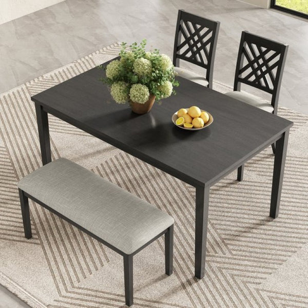 English Elm Dining Set with Cross Back Chairs and Bench Rubberwood Legs Farmhouse Style Seats Six Dark Gray + Beige Cushion Set for 4 N842S200043G
