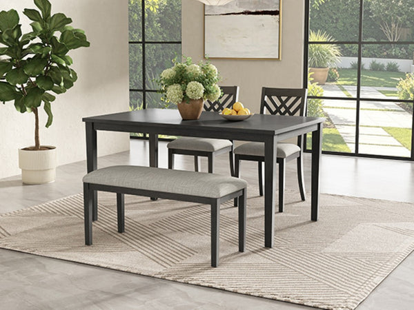 English Elm Dining Set with Cross Back Chairs and Bench Rubberwood Legs Farmhouse Style Seats Six Dark Gray + Beige Cushion Set for 4 N842S200043G