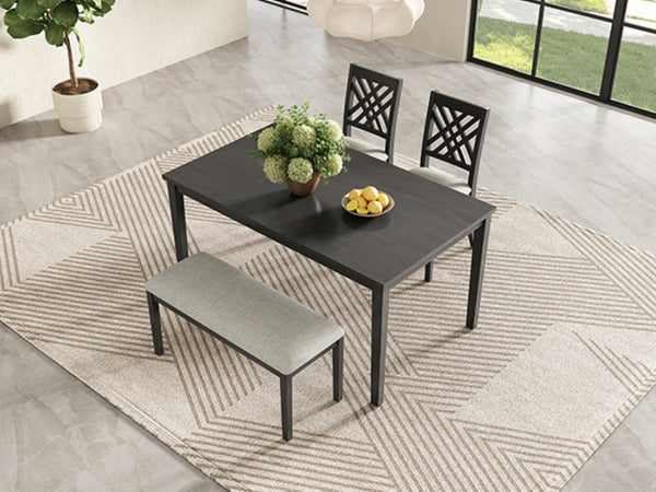 English Elm Dining Set with Cross Back Chairs and Bench Rubberwood Legs Farmhouse Style Seats Six Dark Gray + Beige Cushion Set for 4 N842S200043G