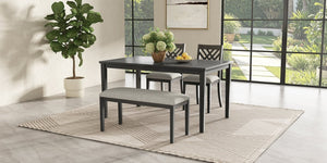English Elm Dining Set with Cross Back Chairs and Bench Rubberwood Legs Farmhouse Style Seats Six Dark Gray + Beige Cushion Set for 4 N842S200043G