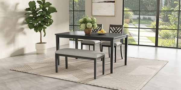 English Elm Dining Set with Cross Back Chairs and Bench Rubberwood Legs Farmhouse Style Seats Six Dark Gray + Beige Cushion Set for 4 N842S200043G