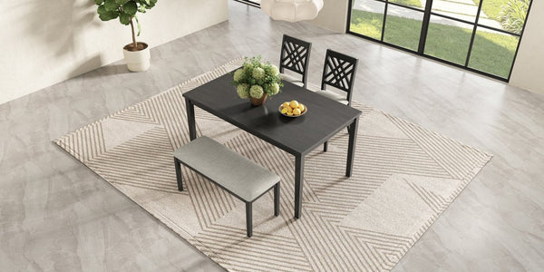 English Elm Dining Set with Cross Back Chairs and Bench Rubberwood Legs Farmhouse Style Seats Six Dark Gray + Beige Cushion Set for 4 N842S200043G