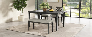 English Elm Dining Set with Cross Back Chairs and Bench Rubberwood Legs Farmhouse Style Seats Six Dark Gray + Beige Cushion Set for 4 N842S200043G