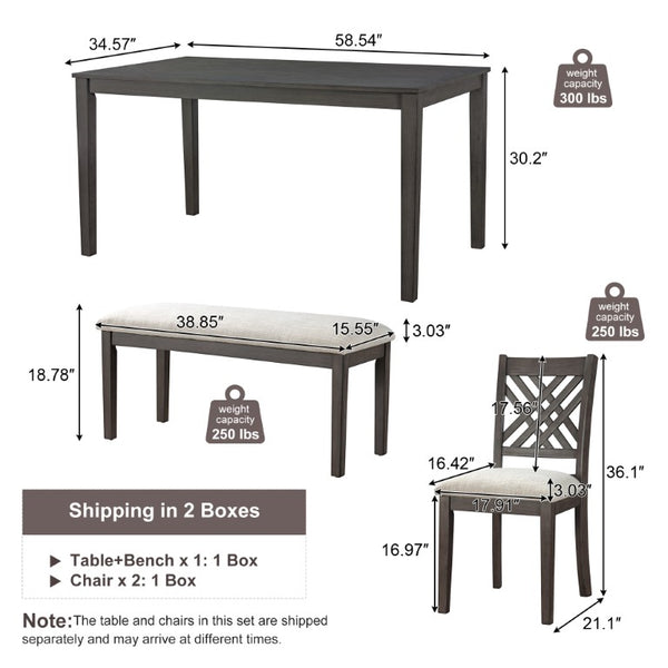 English Elm Dining Set with Cross Back Chairs and Bench Rubberwood Legs Farmhouse Style Seats Six Dark Gray + Beige Cushion Set for 4 N842S200043G