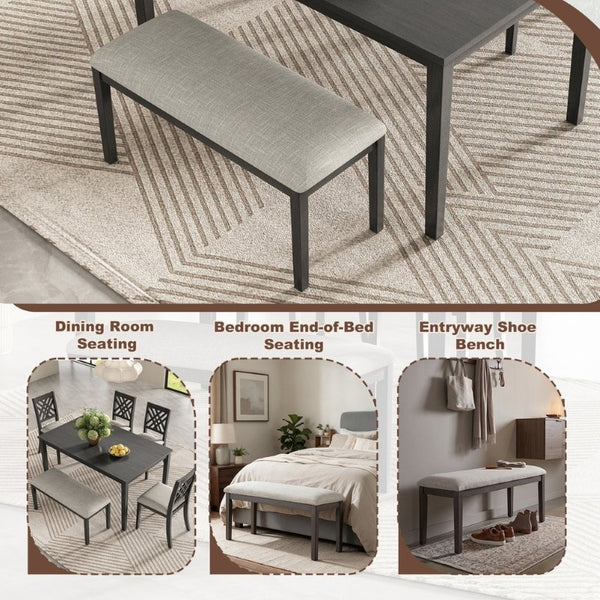 English Elm Dining Set with Cross Back Chairs and Bench Rubberwood Legs Farmhouse Style Seats Six Dark Gray + Beige Cushion Set for 4 N842S200043G