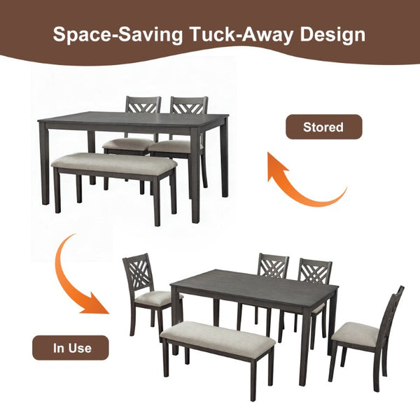 English Elm Dining Set with Cross Back Chairs and Bench Rubberwood Legs Farmhouse Style Seats Six Dark Gray + Beige Cushion Set for 4 N842S200043G