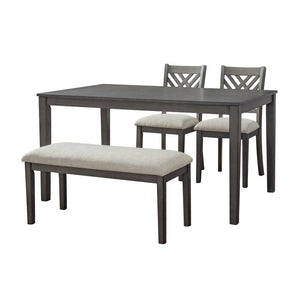 English Elm Dining Set with Cross Back Chairs and Bench Rubberwood Legs Farmhouse Style Seats Six Dark Gray + Beige Cushion Set for 4 N842S200043G