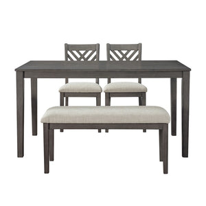 English Elm Dining Set with Cross Back Chairs and Bench Rubberwood Legs Farmhouse Style Seats Six Dark Gray + Beige Cushion Set for 4 N842S200043G