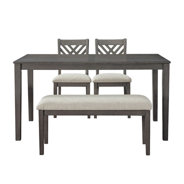 English Elm Dining Set with Cross Back Chairs and Bench Rubberwood Legs Farmhouse Style Seats Six Dark Gray + Beige Cushion Set for 4 N842S200043G