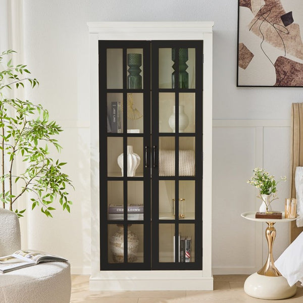 English Elm 71.2'' Farmhouse Freestanding Display Cabinet with Lattice Glass Doors and Five Shelves N845P272501B