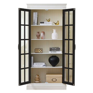 English Elm 71.2'' Farmhouse Freestanding Display Cabinet with Lattice Glass Doors and Five Shelves N845P272501B