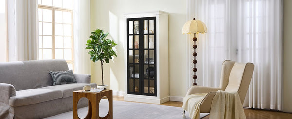 English Elm 71.2'' Farmhouse Freestanding Display Cabinet with Lattice Glass Doors and Five Shelves N845P272501B