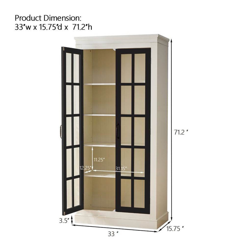 English Elm 71.2'' Farmhouse Freestanding Display Cabinet with Lattice Glass Doors and Five Shelves N845P272501B