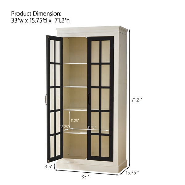 English Elm 71.2'' Farmhouse Freestanding Display Cabinet with Lattice Glass Doors and Five Shelves N845P272501B
